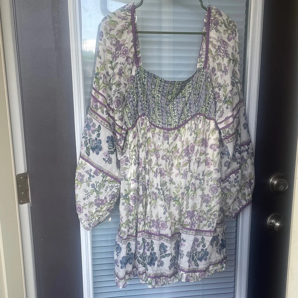 Floral Boho Peasant Dress in Lavender & Green